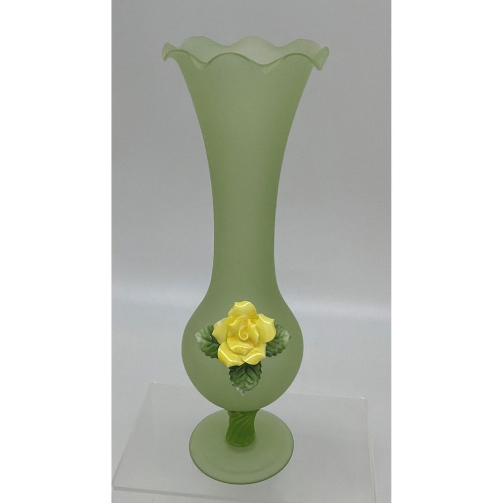 Vtg Satin Green Yellow Rose Blown Glass Bud Vase Delicate Frosted Applied Flower